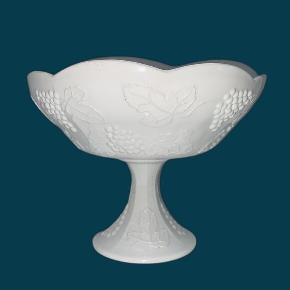 Indiana Milk Glass Fruit Punch Bowl Footed Pedestal “Grape & Leaves” - Picture 1 of 12